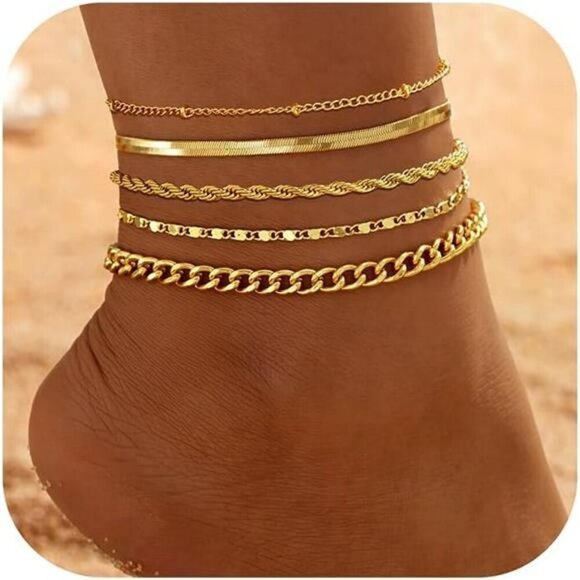 Gold Anklet Set for Women 14K Plated Waterproof Layered Cuban Chain Bracelets - Picture 1 of 6